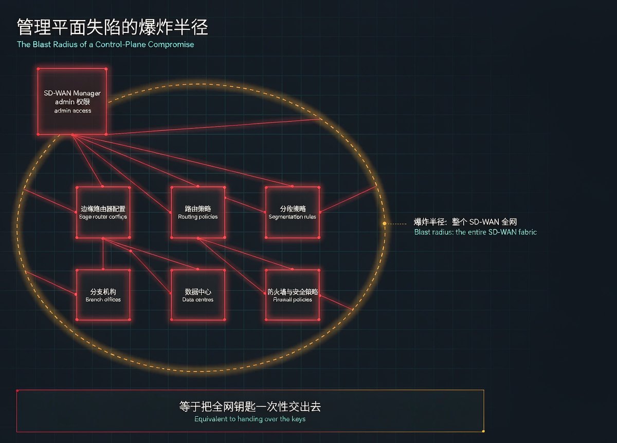 Blast radius of a control-plane compromise: admin access radiating out to edge router configs, routing policies, segmentation rules, branch offices, data centres and firewall policies