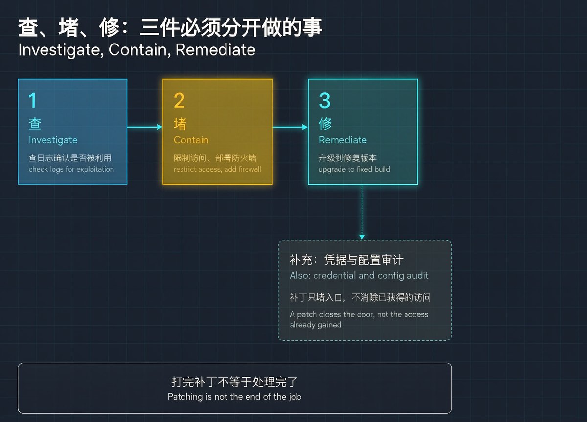Three-stage incident response: investigate via logs, contain by restricting access and adding a firewall, remediate by upgrading, with credential and config audit as a separate additional step