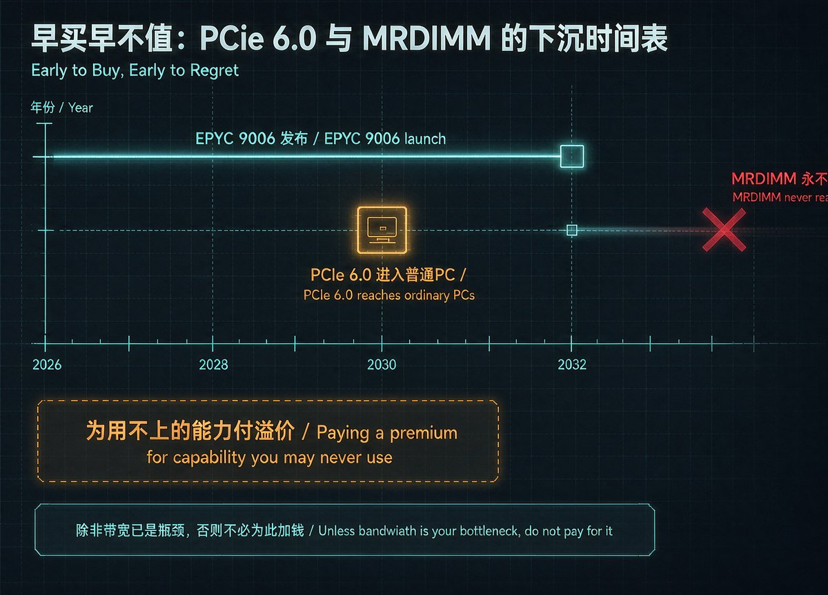 Timeline for PCIe 6.0 and MRDIMM reaching consumer platforms: PCIe 6.0 arrives in ordinary PCs around 2030, MRDIMM never does