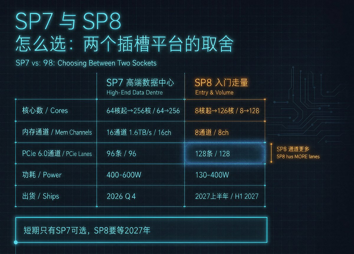 SP7 versus SP8 socket platform comparison: core counts, memory channels, PCIe 6.0 lanes, power range and shipping dates