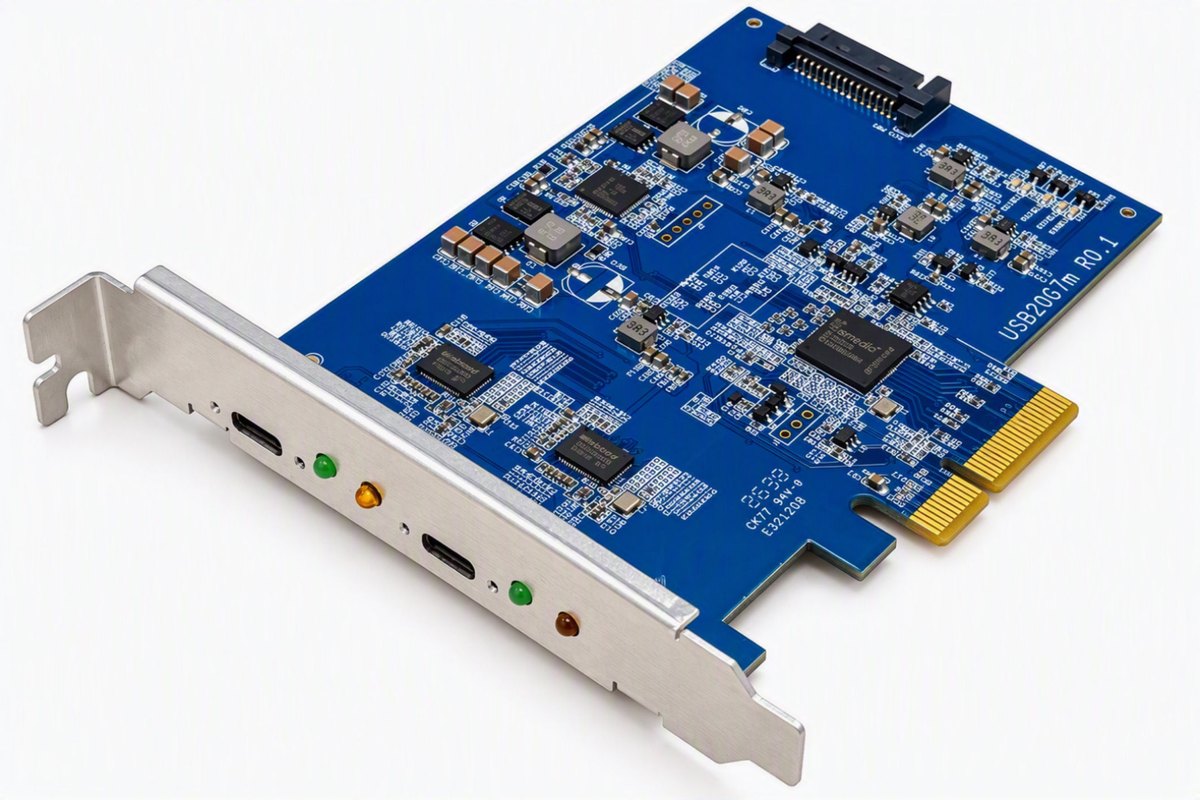 Infineon USB 20 Gbps PCIe Gen4 x4 reference design add-on card with dual USB-C ports and status LEDs on the bracket